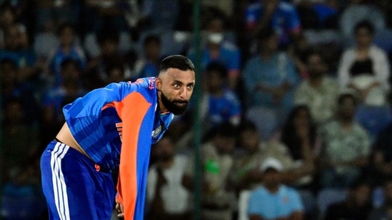 Varun Chakaravarthy in action against Afghanistan.