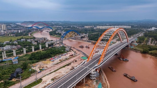 This aerial photo shows construction on the Pinglu Canal in Qinzhou, in China's southern Guangxi region.