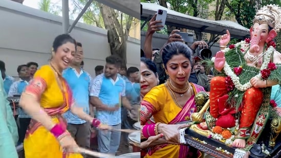 Shilpa Shetty dances to dhol beats at Ganpati Visarjan.