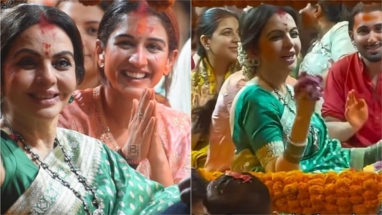 Radhika Merchant and Nita Ambani showcased their festive elegance during the Ganpati visarjan in Mumbai.