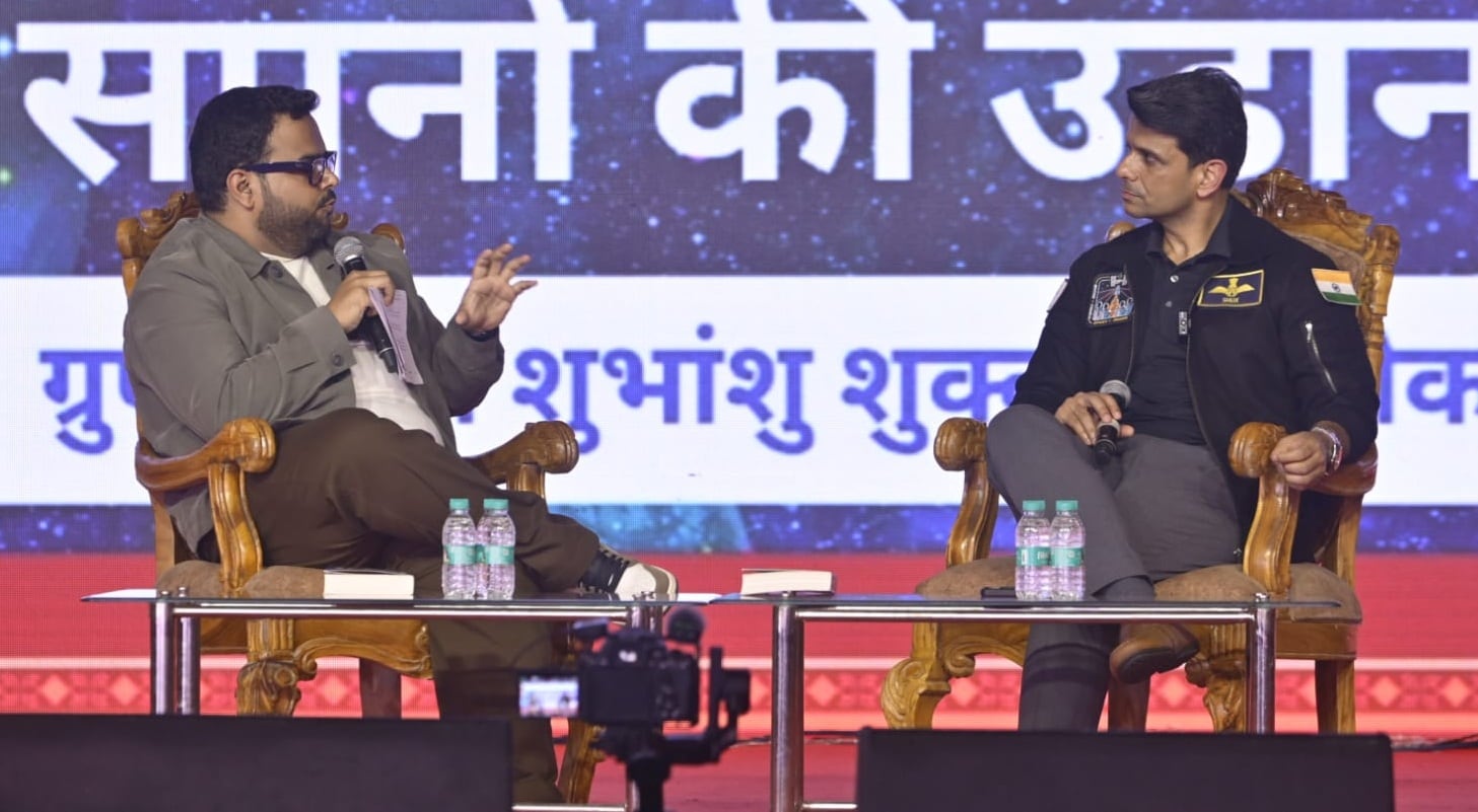 Shubhanshu Shukla during a discussion with Maroof Umar at Gomti Lit Festival in Lucknow on Monday Shubhanshu Shukla during a discussion with Maroof Umar at Gomti Lit Festival in Lucknow on Monday
