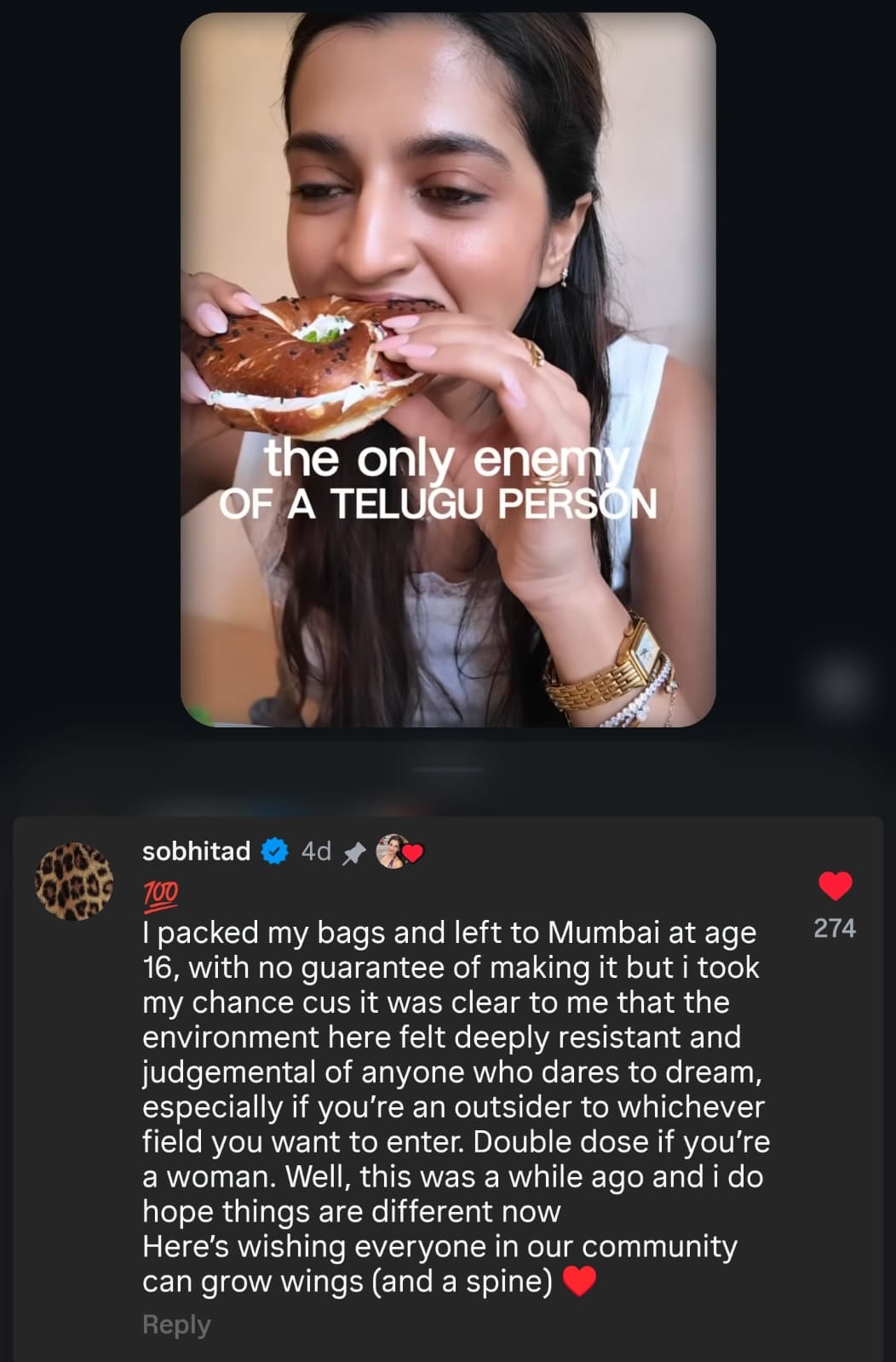 Sobhita Dhulipala's comment on an Instagram influencer's post about Telugu people.