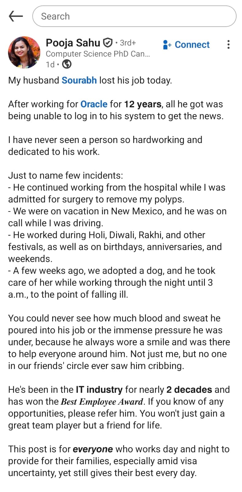 His wife added that Sourabh found himself working on festivals such as Holi and Diwali, during anniversaries and birthdays, vacations, and even logged in from a hospital while his wife underwent surgery. (LinkedIn/Screengrab)