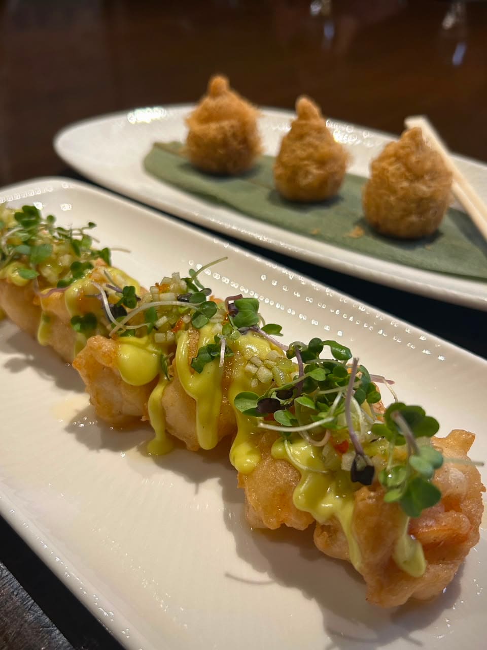 Juicy crispy prawn with mustard sauce and delicious lamb taro puff. (Author: Krishna Priya Pallavi) Juicy crispy prawn with mustard sauce and delicious lamb taro puff. (Author: Krishna Priya Pallavi)
