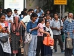 Commuters wait in long queues at the roadside during the  Delhi Transport Corporation (DTC) drivers go on strike over various demands.