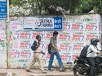Security personnel are present at the DU North Campus area in view of DUSU Elections, in New Delhi. 