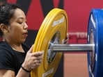 Mirabai Chanu trains for the Asian Games at coach Vijay Sharma’s academy in Modinagar. (AFP)