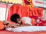 Maratha quota activist Manoj Jarange rests on the 16th day of his indefinite fast, at Antarwali Sarati village, in Jalna district, Maharashtra.