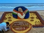 Sand artist Sudarsan Pattnaik presents a sand sculpture featuring the message 'Aashirwad Ka Diya - 25 Years of Seva - Happy Birthday Modi Ji' on the eve of Prime Minister Narendra Modi's 76th birthday, at Puri Beach, Odisha.