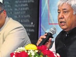 Raj Kumar, spokesperson of the ministry of home affairs and Amanjit Singh, zonal director, NCB during a press conference in Chandigarh.