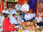 Special prayers being offered on the eve of Prime Minister Narendra Modi’s birthday in Varanasi on Wednesday. (HT Photo)