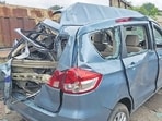 The crushed Maruti Suzuki Ertiga, in which 11 members of the Jaiswal family, including four children, were travelling when the accident occurred on the Mumbai-Nashik Highway near Atgaon in Shahapur.