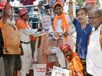  BJP workers celebrating birthday of Prime Minister Narendra Modi at Kali Ghat in Patna, Bihar.