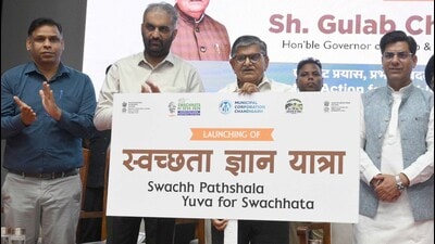 (From left) MC commissioner Amit Kumar, home secretary Mandip Singh Brar, UT administrator Gulab Chand Kataria, and mayor Saurabh Joshi during the launch event in Chandigarh on Thursday. (Keshav Singh/HT)