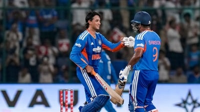 Abhishek Sharma and Sanju Samson got off to a flyer as the duo stitched 142 runs for the opening wicket. In fact they slammed 100 runs in the powerplay, thus becoming the first Indian pair to do so. (PTI)