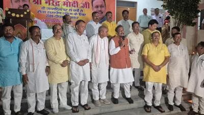 BJP national general secretary and UP in-charge Vinod Tawde with party leaders and workers during a programme in Gorakhpur on Thursday. (Sourced) BJP national general secretary and UP in-charge Vinod Tawde with party leaders and workers during a programme in Gorakhpur on Thursday. (Sourced)