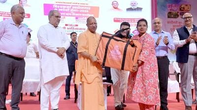 Chief minister Yogi Adityanath during a programme at Indira Gandhi Pratishthan in Lucknow on Vishwakarma Jayanti and Prime Minister Narendra Modi’s birthday. (HT)