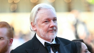 Julian Assange arrives for the screening of the film The Six Billion Dollar Man at the 78th edition of the Cannes Film Festival on May 21, 2025. (AFP)