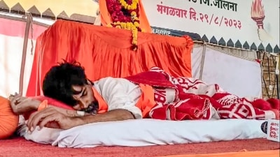 Maratha quota activist Manoj Jarange rests during indefinite fast, at Antarwali Sarati village, in Jalna district, Maharashtra, Monday, Sept. 14, 2026. (PTI) Maratha quota activist Manoj Jarange rests during indefinite fast, at Antarwali Sarati village, in Jalna district, Maharashtra, Monday, Sept. 14, 2026. (PTI)