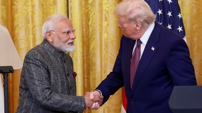 US President Donald Trump and Prime Minister Narendra Modi shake hands as they attend a joint press conference at the White House in Washington. (REUTERS)