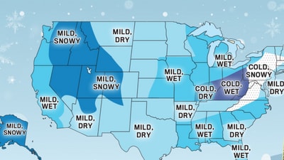 The Northeast faces a divided winter, with colder, snowier inland areas and milder conditions closer to the Atlantic coast. (Old Farmer’s Almanac ) The Northeast faces a divided winter, with colder, snowier inland areas and milder conditions closer to the Atlantic coast. (Old Farmer’s Almanac )