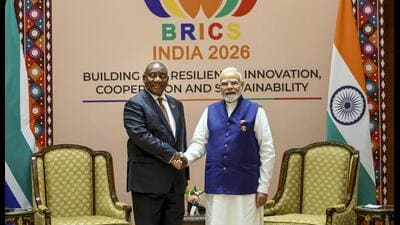 Prime Minister Narendra Modi with South African President Cyril Ramaphosa on the sidelines of the Brics Summit 2026 in New Delhi.