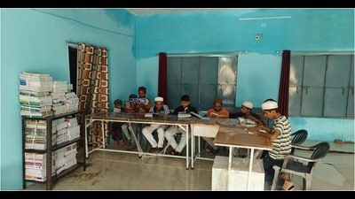 Rural students at the newly set up digital library at Patti Shah village in Prayagraj (HT)