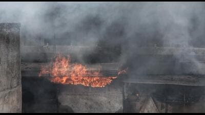 The blaze broke out around 7 am at Sethi Complex in Jaipur’s Tripolia Bazaar, spreading to garment warehouses, plastic goods shops and bangle stores. The blaze broke out around 7 am at Sethi Complex in Jaipur’s Tripolia Bazaar, spreading to garment warehouses, plastic goods shops and bangle stores.