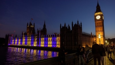 The Palace of Westminster is illuminated in the blue and yellow colours of the Ukrainian flag to mark Ukrainian Independence Day, amid Russia's attack on Ukraine, in London, Britain, in this handout picture released August 23, 2026. Corporal Ryan Murray/UK MOD © Crown copyright 2026/Handout via REUTERS THIS IMAGE HAS BEEN SUPPLIED BY A THIRD PARTY. MANDATORY CREDIT. (via REUTERS)