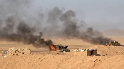 This handout picture reportedly shows burning military vehicles that the Houthis targeted in al-Jawf. (AFP/Representational ) This handout picture reportedly shows burning military vehicles that the Houthis targeted in al-Jawf. (AFP/Representational )