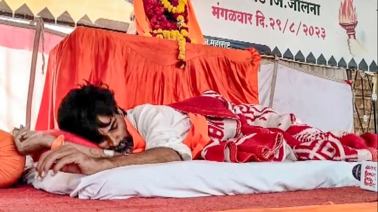 Maratha quota activist Manoj Jarange rests during indefinite fast, at Antarwali Sarati village, in Jalna district, Maharashtra, Monday, Sept. 14, 2026. (PTI)