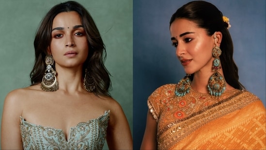 (L-R) Alia Bhatt wears chandbalis from Apala by Sumit, Ananya Panday wears shoulder-duster earrings from A Jewels By Anmol (Instagram)