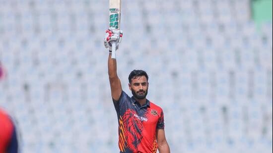Naman Dhir after completing his century against Mohali Kings during the Sher e Punjab T20 Trophy. In this match, he scored 173. (HT)