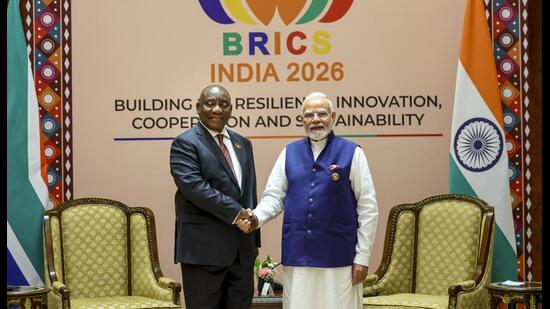 Prime Minister Narendra Modi with South African President Cyril Ramaphosa on the sidelines of the Brics Summit 2026 in New Delhi.