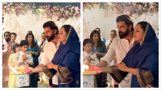 Sonakshi Sinha and Zaheer Iqbal performed Ganesh aarti at Arpita Khan's home.