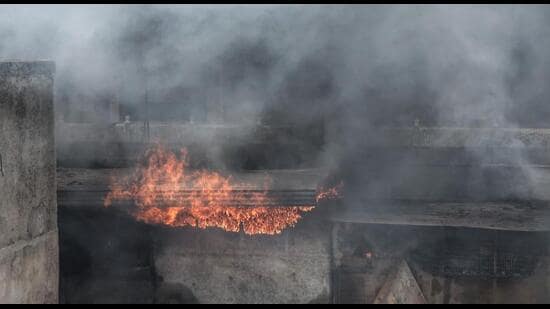The blaze broke out around 7 am at Sethi Complex in Jaipur’s Tripolia Bazaar, spreading to garment warehouses, plastic goods shops and bangle stores.