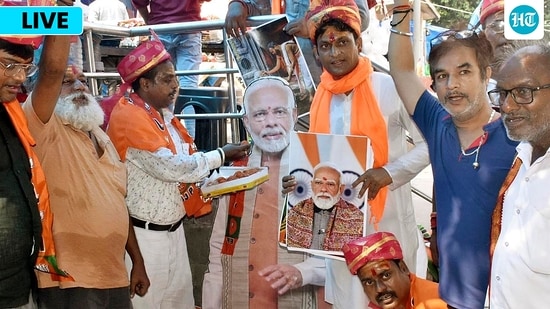 BJP workers celebrating birthday of Prime Minister Narendra Modi at Kali Ghat in Patna, Bihar.