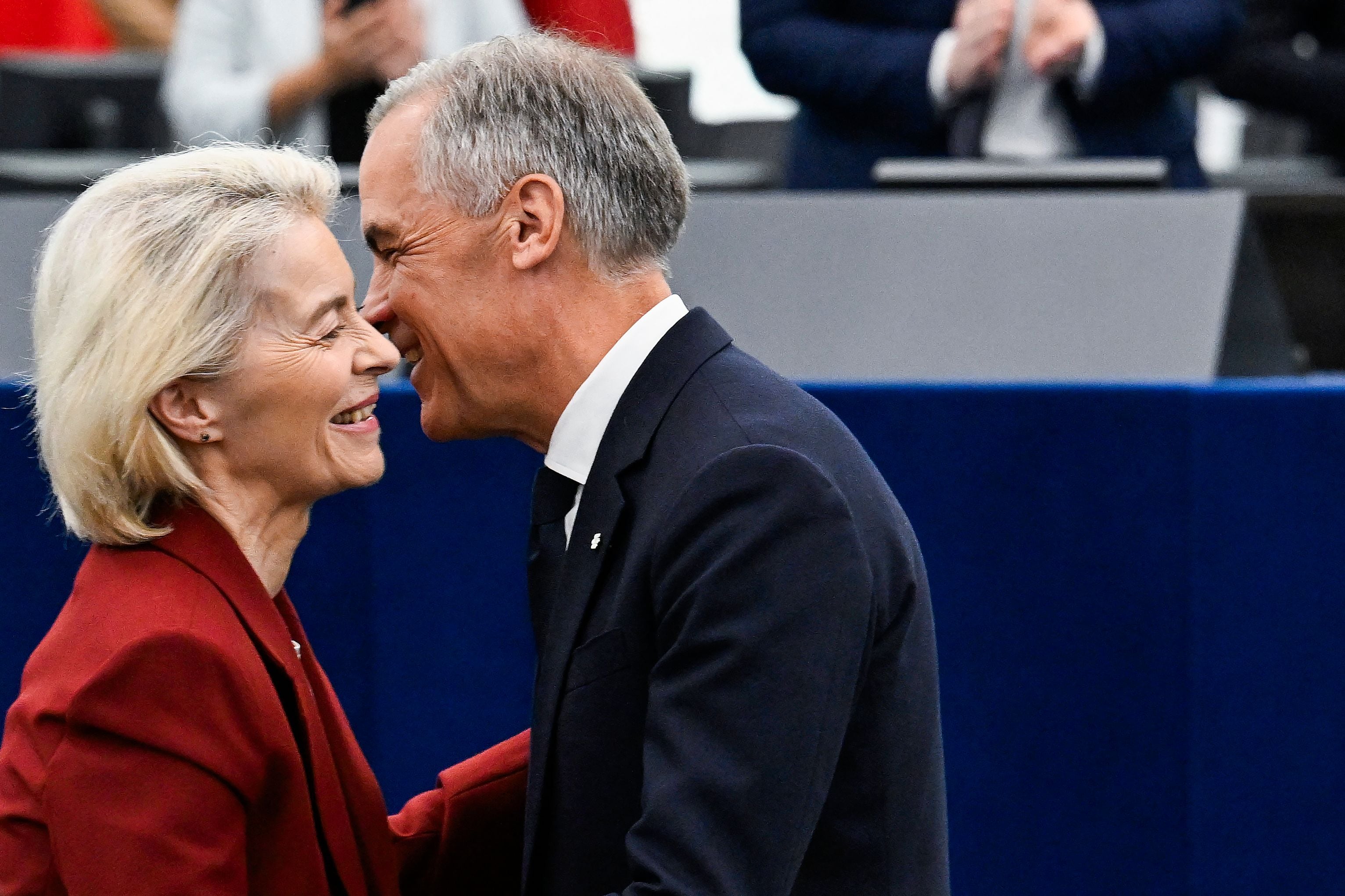 Canada's Prime Minister Mark Carney greets European Commission President Ursula von der Leyen after delivering a speech in the hemicycle at the European Parliament in Strasbourg, eastern France, on September 17, 2026. (AFP) Canada's Prime Minister Mark Carney greets European Commission President Ursula von der Leyen after delivering a speech in the hemicycle at the European Parliament in Strasbourg, eastern France, on September 17, 2026. (AFP)