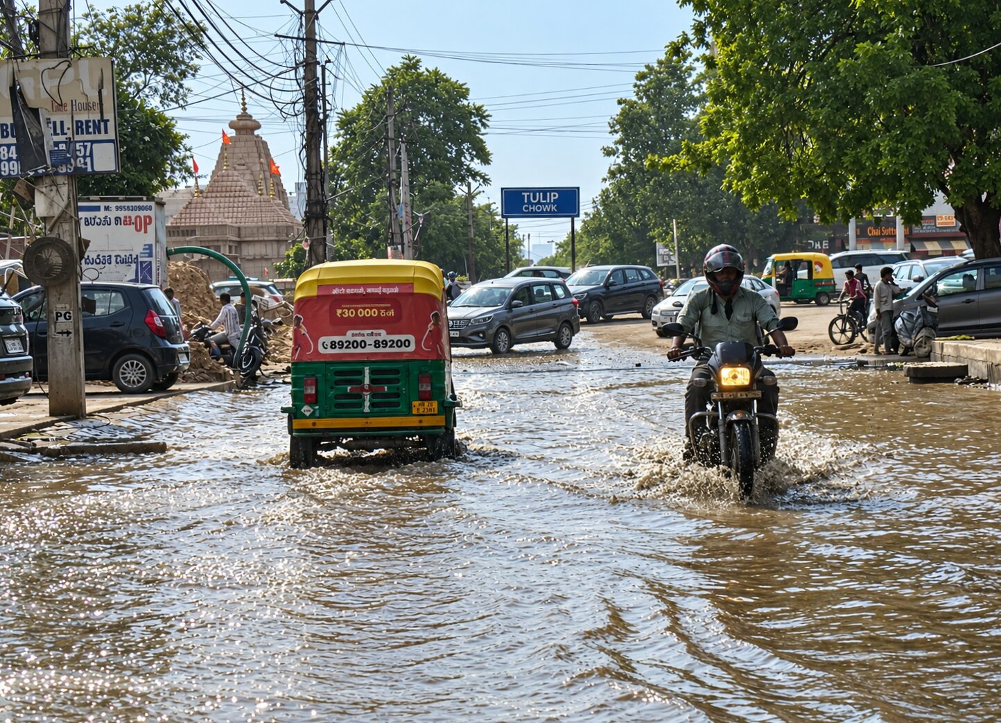 A waterlogged stretch of a road at Tulip Chowk, Sector 69, as seen on Monday. (HT)