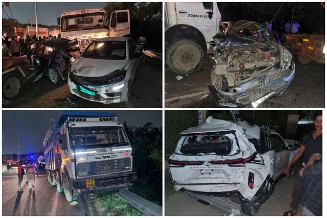 The crash involved seven cars, two motorcycles and two trucks, with a dumper carrying 20 tonnes of stones narrowly avoiding a creek after the impact. (HT)