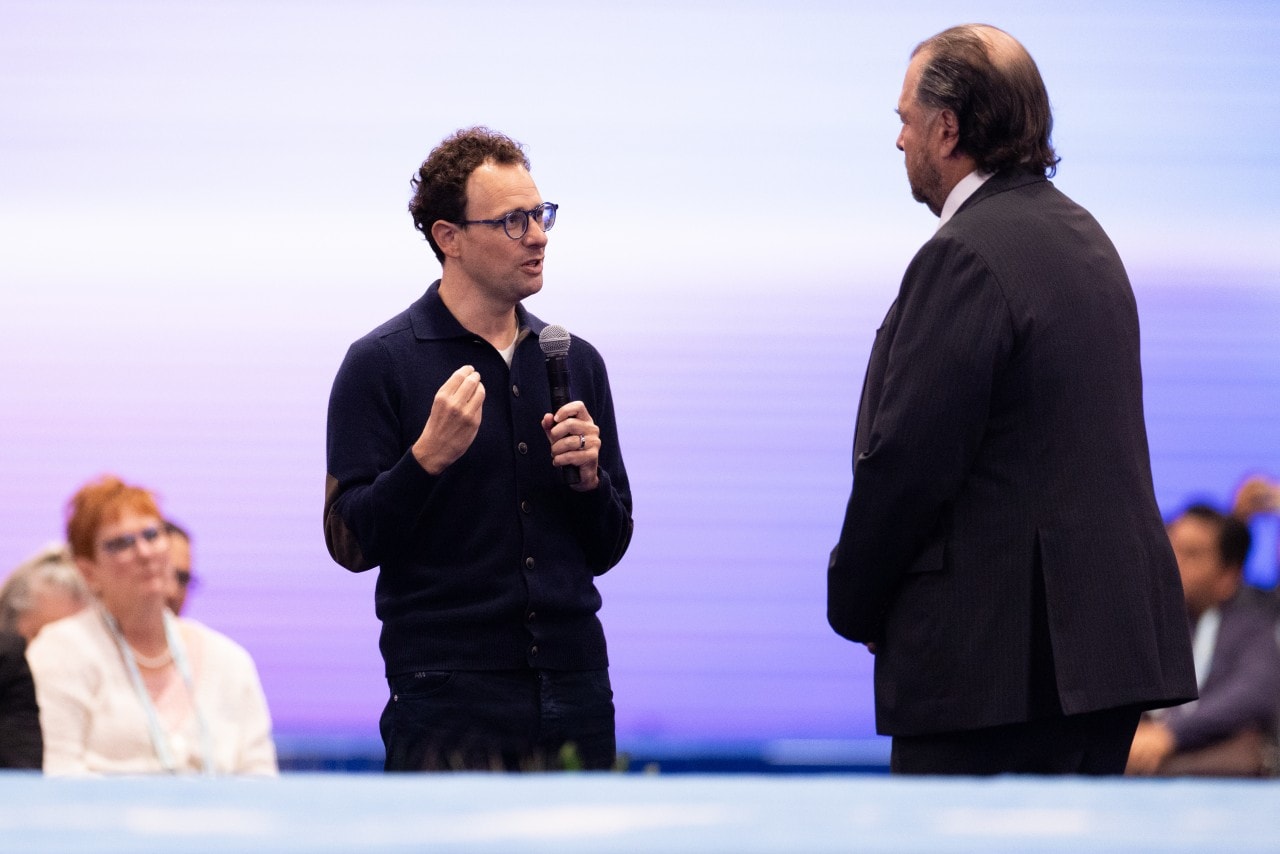Anthropic CEO Dario Amodei, left, spoke at an event with Salesforce CEO Marc Benioff on Tuesday in San Francisco.