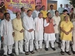 BJP national general secretary and UP in-charge Vinod Tawde with party leaders and workers during a programme in Gorakhpur on Thursday. (Sourced)