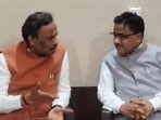 BJP’s UP in-charge Vinod Tawde (left) with Rajya Sabha MP Dr Radha Mohan Das Agarwal in Gorakhpur. (Sourced)