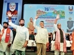 Defence minister Rajnath Singh, along with UP CM Yogi Adityanath, Andhra Pradesh CM N Chandrababu Naidu and Union minister Chirag Paswan, at PM Narendra Modi’s birthday celebrations, in Varanasi on Thursday. (Rajesh Kumar/HT Photo) Defence minister Rajnath Singh, along with UP CM Yogi Adityanath, Andhra Pradesh CM N Chandrababu Naidu and Union minister Chirag Paswan, at PM Narendra Modi’s birthday celebrations, in Varanasi on Thursday. (Rajesh Kumar/HT Photo)