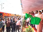 Deputy chief minister Sunetra Pawar, MP Bajrang Sonawane, MLA Sandeep Kshirsagar, among others, flagged off the inaugural special train (01401) from Beed station. (HT PHOTO)