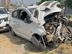 He was driving a white Chevrolet Beat, which was left mangled after the crash, police said. (PARVEEN KUMAR/HINDUSTAN TIMES)