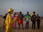 Mohan 'Golden Man' Babu, a living statue busker performing at Marina Beach, Chennai in September 2024 India. (Abhishek Chinnappa/Getty Images)
