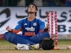 New Delhi: India's Abhishek Sharma reacts after his century during the third and final T20I cricket match between India and Afghanistan, in New Delhi, Thursday, Sept. 17, 2026. (PTI Photo/Money Sharma)(PTI09_17_2026_000382A) (PTI)