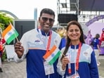 Former Olympian shooter Anjali Bhagwat, right, and former athlete Lijo David. 
