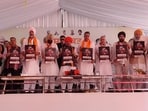 Punjab BJP leaders and party national president Nitin Nabin at the launch of the anti-drug yatra at Madhopur in Pathankot on Friday. (HT Photo)